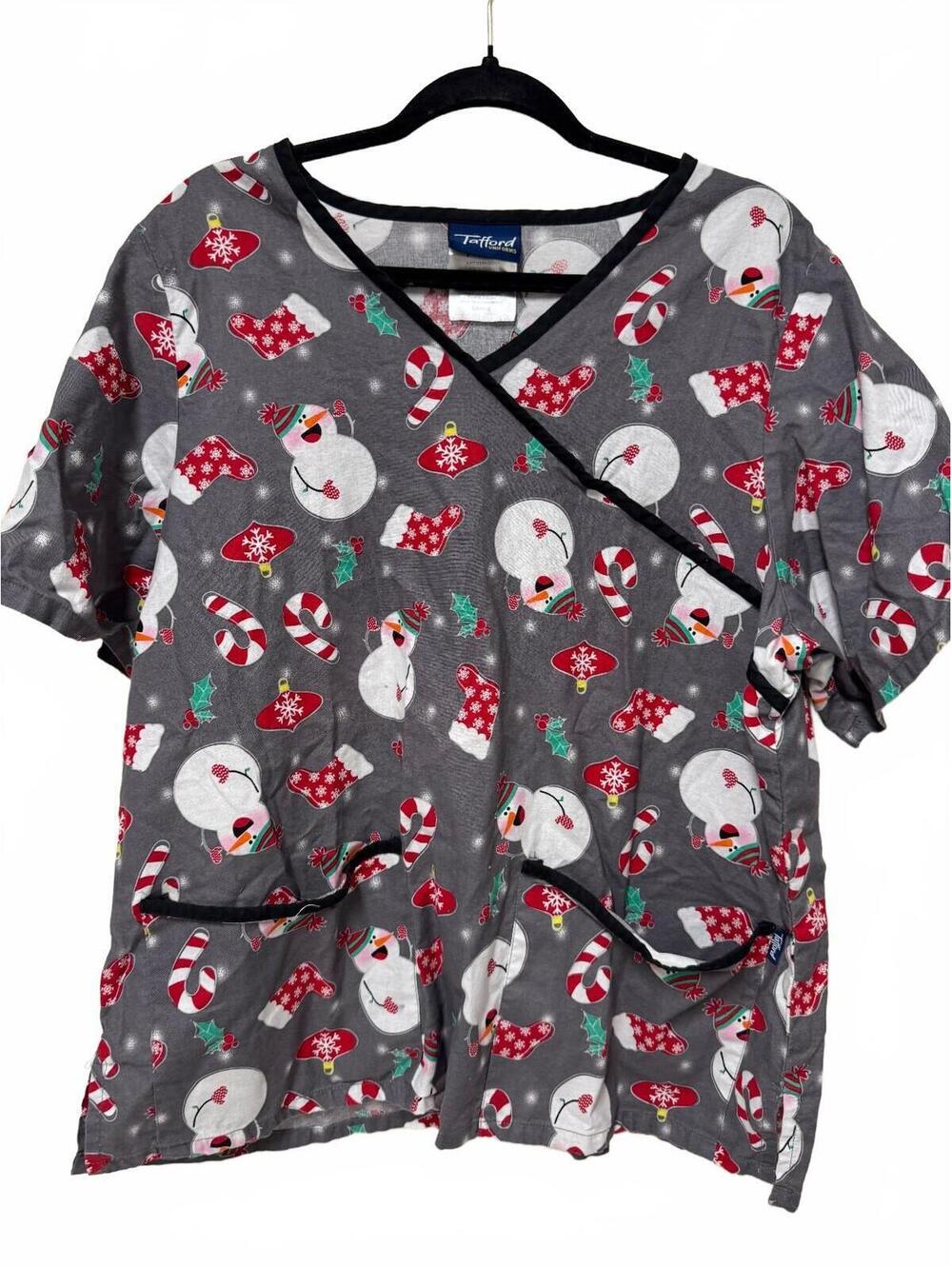 Tafford Uniforms Christmas V-Neck Scrub Top Snowmen Ornaments Grey Size L